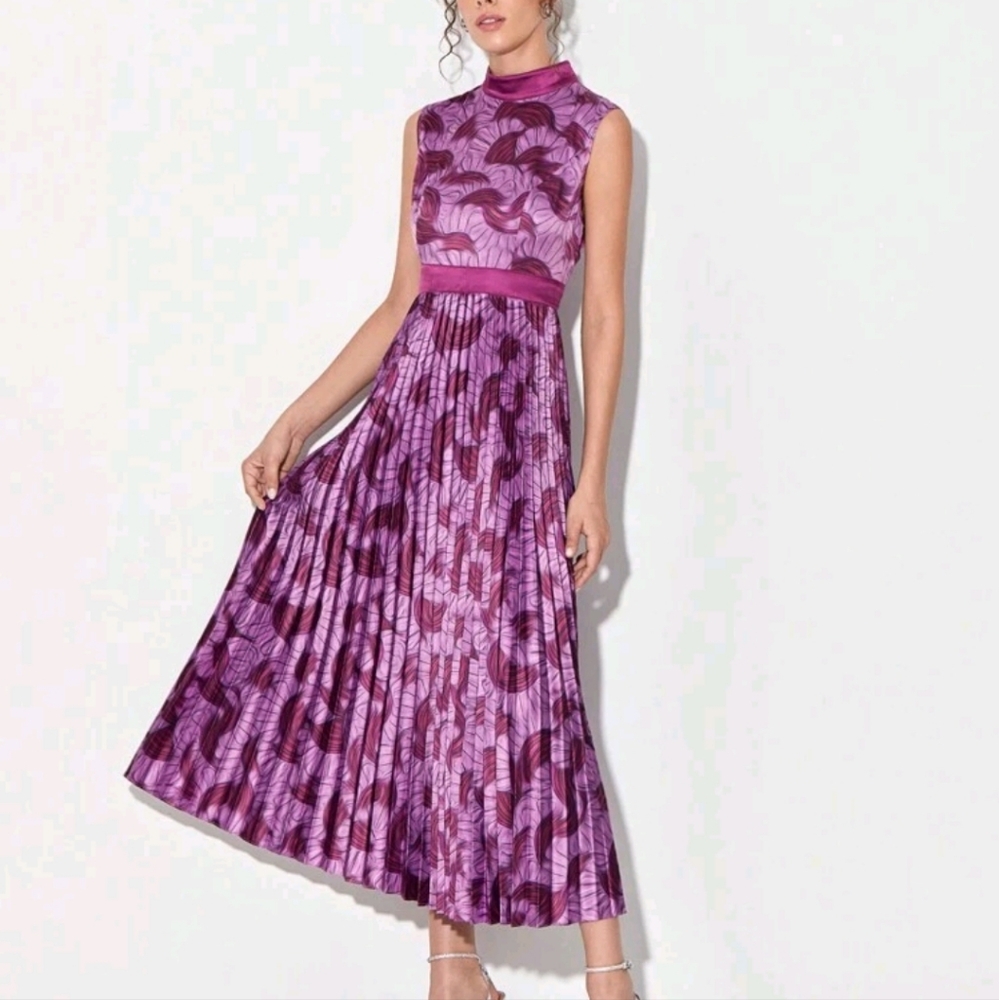Mock Neck Allover Print Pleated Hem Dress Size L 8/10